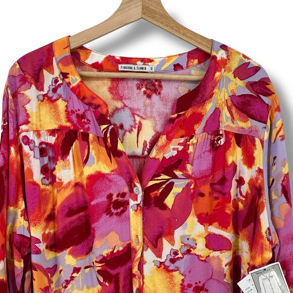Figueroa & Flower Tie Front V Neck Shirt Womens Plus Size 1X Coral Floral Print - Picture 2 of 7